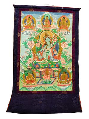 ANTIQUE CHINESE BUDDHIST THANGKA PAINTING GREEN TARA. An antique early 20th-century Chinese