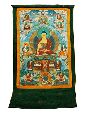 ANTIQUE CHINESE THANGKA PAINTING BUDDHA SHAKYAMUNI. An early 20th-century Chinese hand-painted