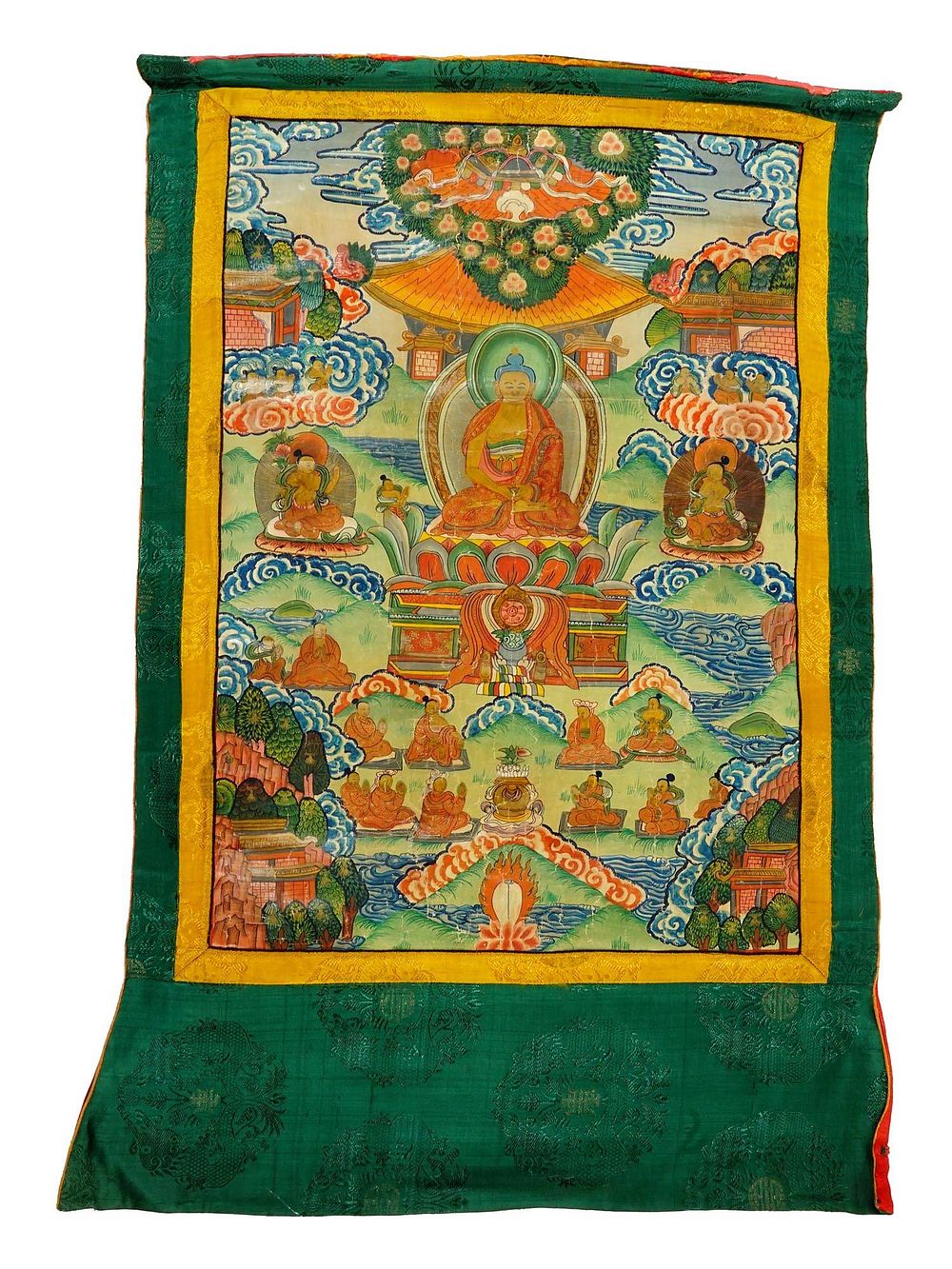 ANTIQUE CHINESE THANGKA PAINTING BUDDHA SHAKYAMUNI. An early 20th-century Chinese hand-painted 