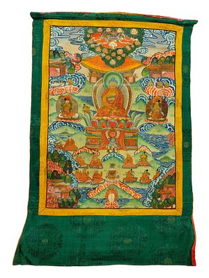 ANTIQUE CHINESE THANGKA PAINTING BUDDHA SHAKYAMUNI. An early 20th-century Chinese hand-painted