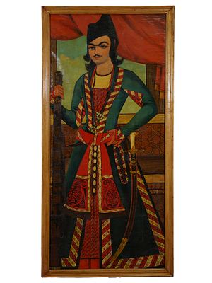 MUHAMMAD HASSAN SCHOOL QAJAR PRINCE OIL PAINTING. A Persian Muhammad Hassan School oil painting