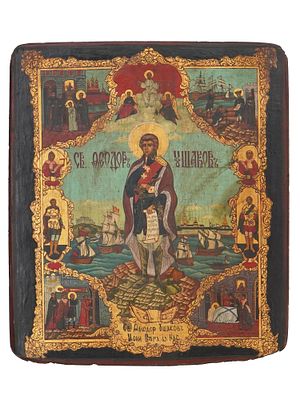 RUSSIAN HAND PAINTED ICON OF SAINT FEODOR USHAKOV. A Russian Orthodox icon of Saint Feodor