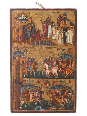 ANTIQUE RUSSIAN ORTHODOX ICON BATTLE NOVGOROD SUZDAL. An antique Russian Orthodox icon