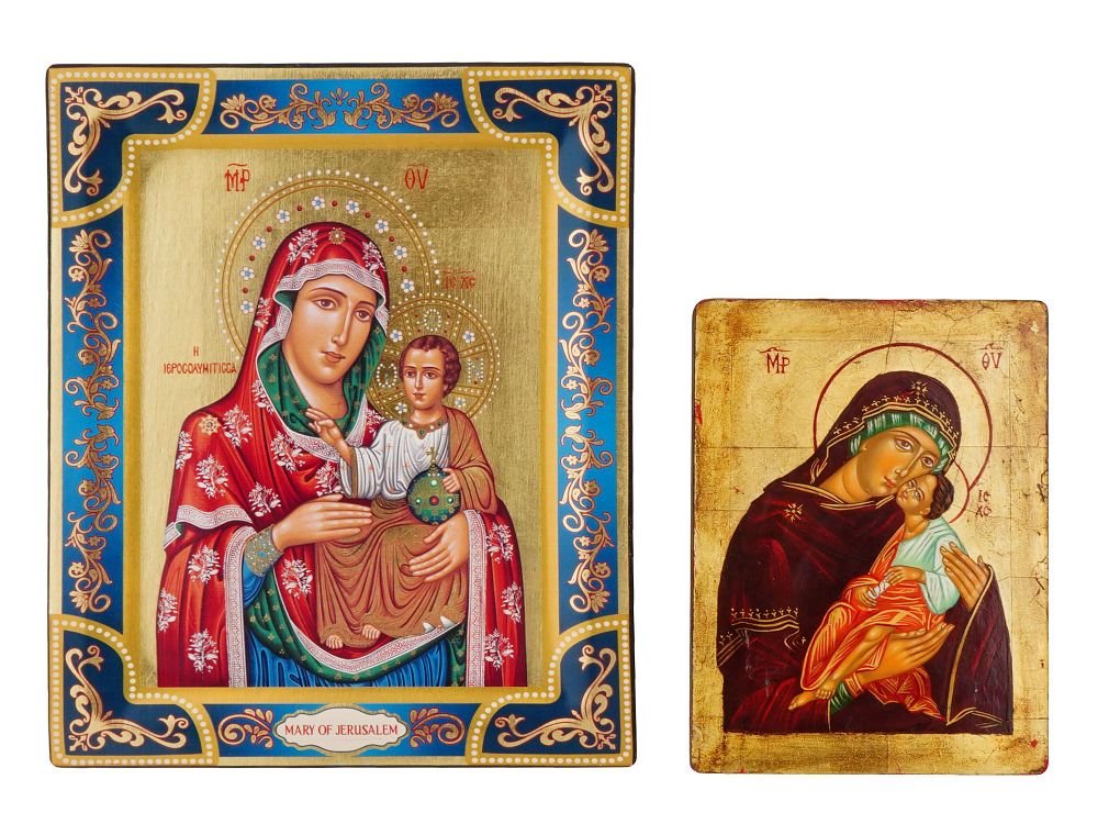 LOT OF RUSSIAN MOTHER OF GOD PAINTED ICONS W COA. A lot of two Russian Orthodox hand painted 