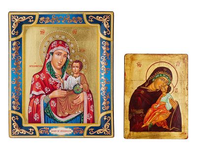 LOT OF RUSSIAN MOTHER OF GOD PAINTED ICONS W COA. A lot of two Russian Orthodox hand painted