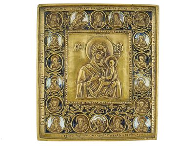 19TH C RUSSIAN TIKHVIN MOTHER GOD ENAMEL BRONZE ICON. An antique 19th century Russian Orthodox