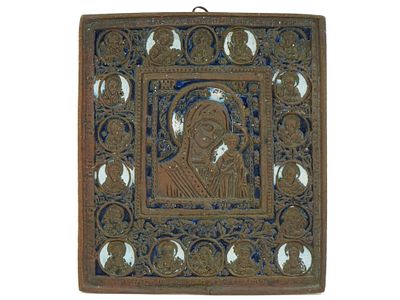19TH C RUSSIAN KAZAN MOTHER OF GOD ENAMEL BRONZE ICON. An antique 19th century Russian Orthodox