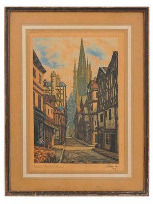 FRENCH CITYSCAPE COLOR ETCHING SIGNED LERAIS. Hand-colored etching on paper. French, mid-20th 