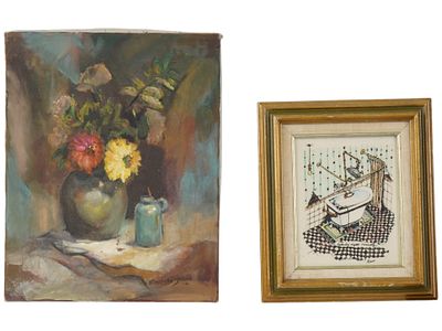 OIL PAINTING BY MAURICE J STEIN ENGRAVING BY BALDASARO. A lot of two vintage artworks: an oil on 