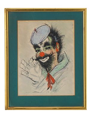 CLOWN PORTRAIT MIXED MEDIA PAINTING SIGNED PEN. Ink and watercolor on paper painting. The 