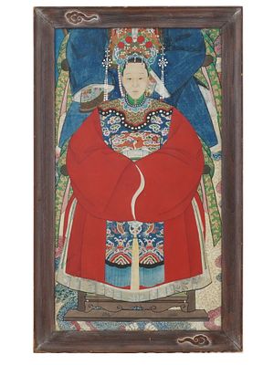 CHINESE ANCESTOR PORTRAIT MIXED MEDIA PAINTING. An antique Chinese, late Qing Dynasty, mixed 