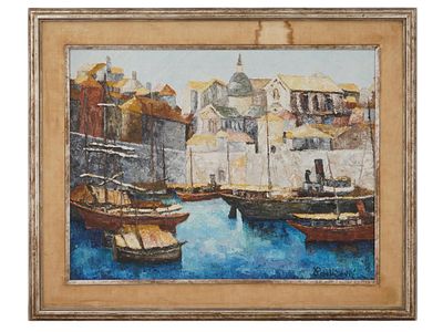 CROATIAN PORT SCENE OIL PAINTING BY ANTE PAVLICEVIC. Ante Pavlicevic, a 20th century Croatian 