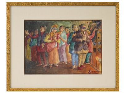 MID CENTURY INDIAN SCHOOL WATERCOLOR PAINTING SIGNED. A mid-century Indian School watercolor 