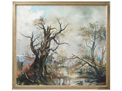 MODERN LANDSCAPE OIL PAINTING SIGNED TURSKI 1981. A modern oil painting on canvas depicting a 