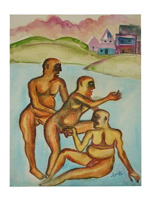INDIAN WATERCOLOR PAINTING SIGNED BHUPEN KHAKHAR. A watercolor painting on paper depicting a 