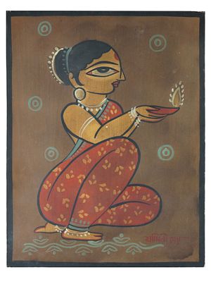 INDIAN PORTRAIT TEMPERA PAINTING AFTER JAMINI ROY. An Indian tempera painting on board depicting 