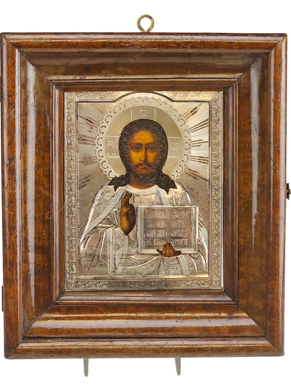 19TH C RUSSIAN CHRIST ICON IN SILVER OKLAD AND KIOT. An antique 19th century Russian Orthodox 