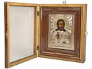 19TH C RUSSIAN CHRIST ICON IN SILVER OKLAD AND KIOT. An antique 19th century Russian Orthodox Image - 1