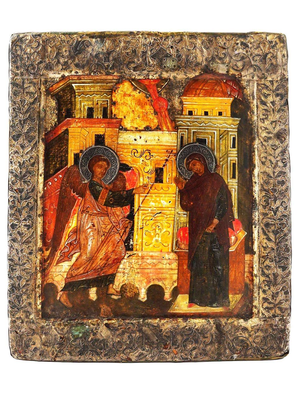 16TH CEN RUSSIAN ORTHODOX ICON OF THE ANNUNCIATION. An antique Russian Orthodox hand painted 