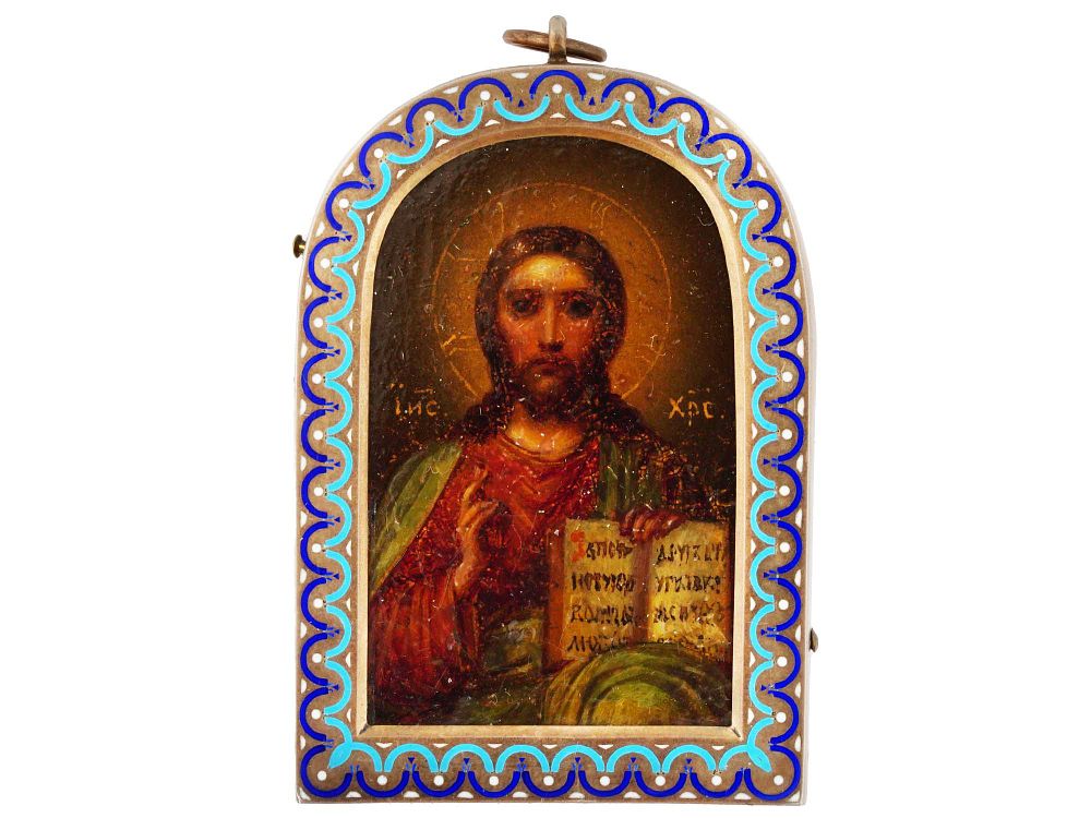 ANTIQUE RUSSIAN SILVER ENAMEL CHRIST ICON PENDANT. An antique 19th century Russian Orthodox 