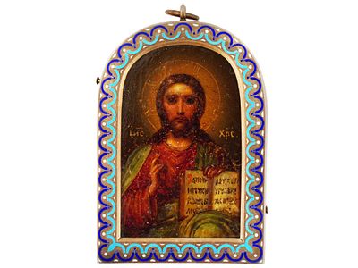 ANTIQUE RUSSIAN SILVER ENAMEL CHRIST ICON PENDANT. An antique 19th century Russian Orthodox