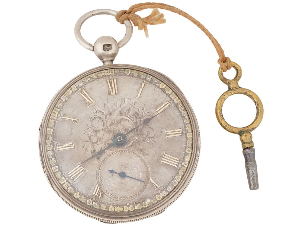 ANTIQUE ENGLISH SILVER POCKET WATCH W KEY 18TH C. An antique English silver pocket watch with a 