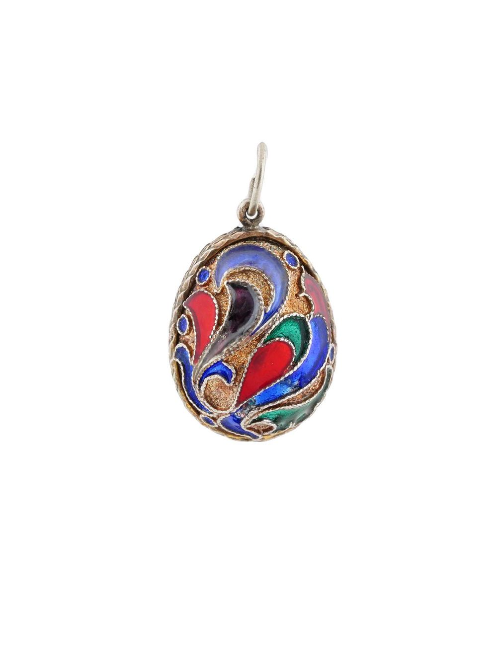 ANTIQUE RUSSIAN SILVER CLOISONNE ENAMEL EGG PENDANT. An antique Russian gilt silver egg shaped 