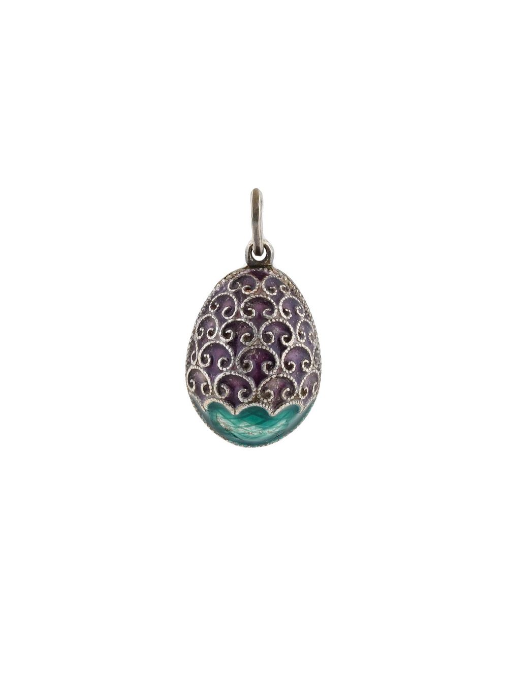 ANTIQUE RUSSIAN SILVER ENAMEL FILIGREE EGG PENDANT. An antique Russian silver enamel filigree 