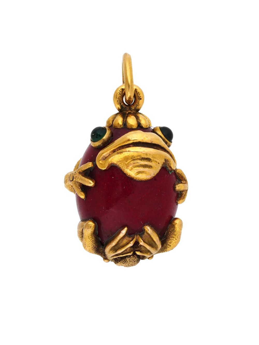 RUSSIAN 14K GOLD PURPURIN EMERALD FROG EGG PENDANT. A Russian hand carved Purpurin stone Easter 