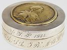 19 C RUSSIAN SILVER BOX CATHERINE II MEDAL. An antique Russian round shaped silver spice box. Image - 1
