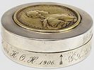 19 C RUSSIAN SILVER BOX CATHERINE II MEDAL. An antique Russian round shaped silver spice box. Image - 2