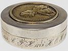 19 C RUSSIAN SILVER BOX CATHERINE II MEDAL. An antique Russian round shaped silver spice box. Image - 3