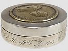 19 C RUSSIAN SILVER BOX CATHERINE II MEDAL. An antique Russian round shaped silver spice box. Image - 4