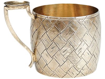 19TH C RUSSIAN TEA GLASS HOLDER TROMPE-L'OEIL OVCHINNIKOV. An antique 19th century Russian gilt