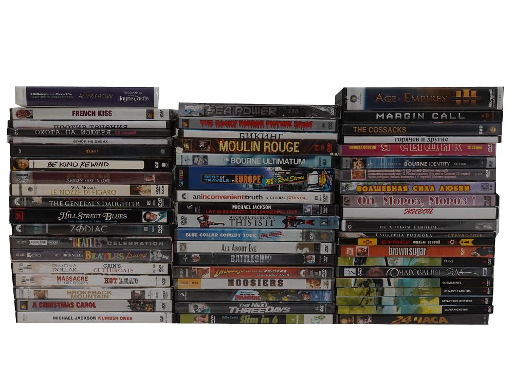 COLLECTION OF 57 DVD MOVIES MUSIC AND VIDEO GAMES. A collection of 57 DVD disks including movies 
