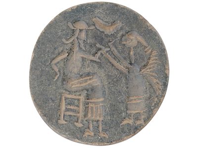 ANCIENT MESOPOTAMIAN STEATITE STAMP SEAL 2000 BC. An ancient Mesopotamian steatite stamp seal