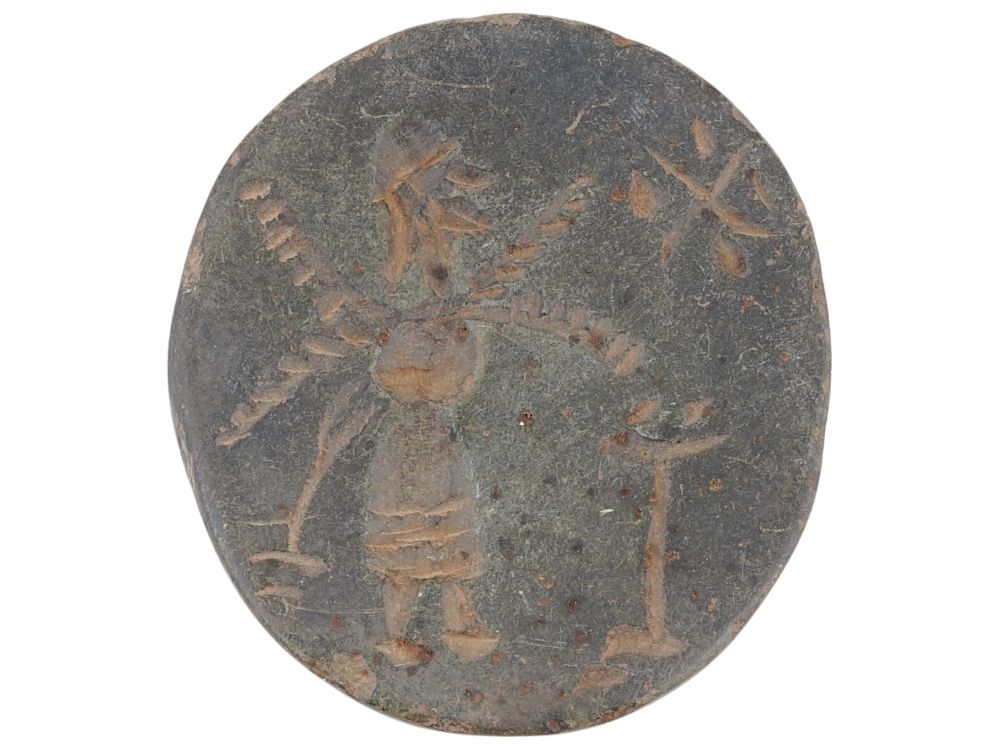 ANCIENT MESOPOTAMIAN STEATITE STAMP SEAL 2000 BC. An ancient Mesopotamian steatite stamp seal 