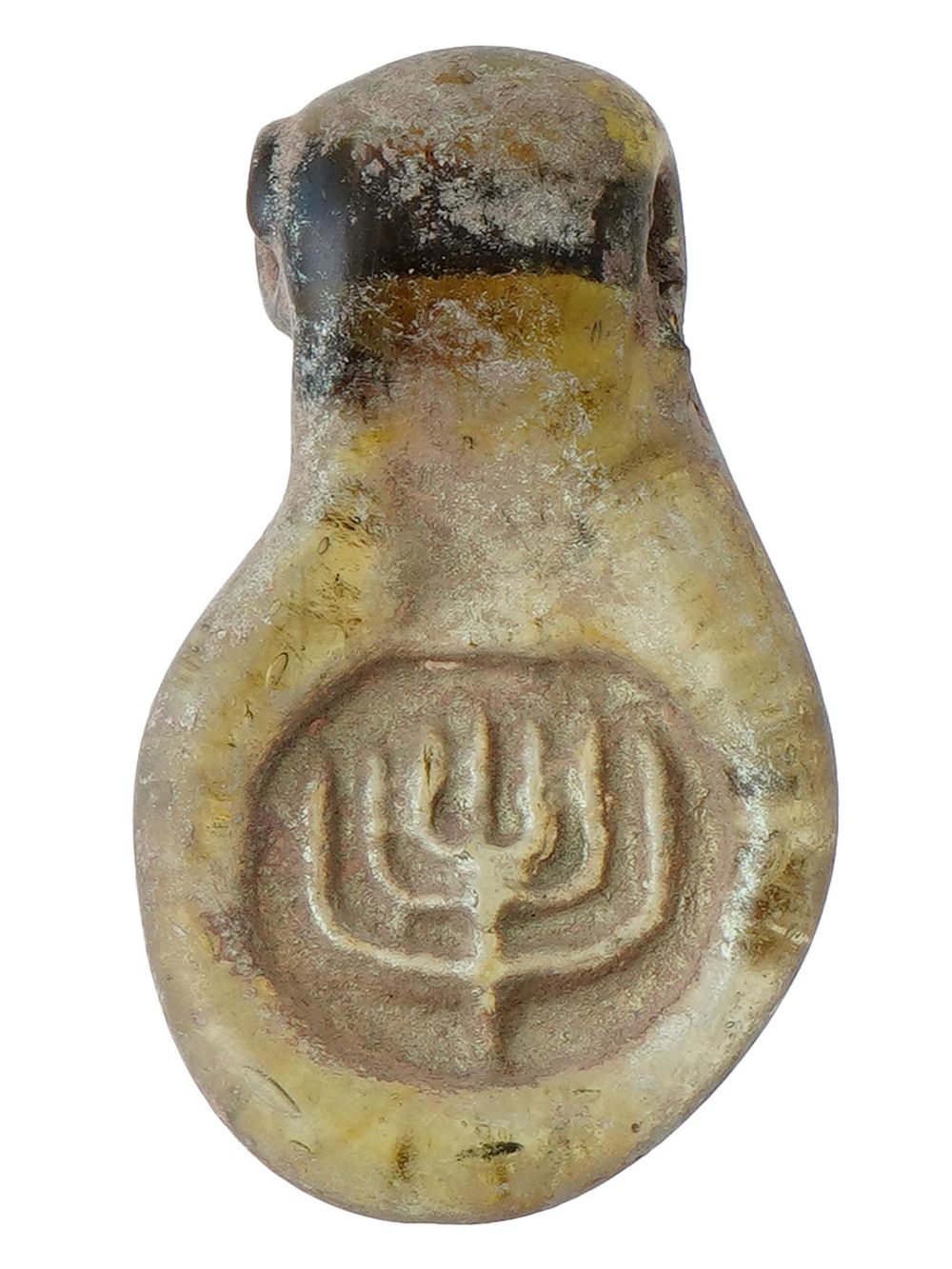 ANCIENT ROMAN GLASS AMULET MENORAH CIRCA 100 AD. An ancient gold tone glass pendant adorned 