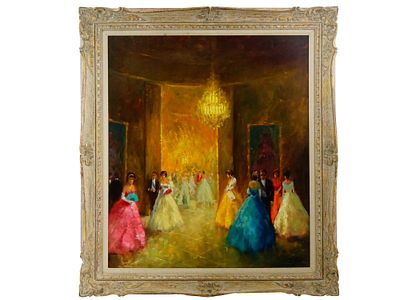 MANNER OF LUDWIG GSCHOSSMANN OIL PAINTING BALLROOM. Oil on canvas board painting. In the style