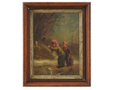 ANTIQUE GERMAN SCHOOL CHILDREN SCENE OIL PAINTING. An antique oil painting on board depicting a