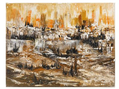 BEN AVRAM ISRAELI JERUSALEM CITYSCAPE OIL PAINTING. Oil on canvas painting by Ben Avram, born
