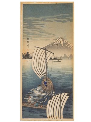 AFTER TAKAHASHI SHOTEI JAPANESE SEASCAPE WOODBLOCK. Color woodblock print on paper. After the 