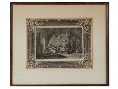 ANTIQUE DUTCH ETCHING AFTER ADRIAEN VAN OSTADE. An antique etching depicting an interior genre 
