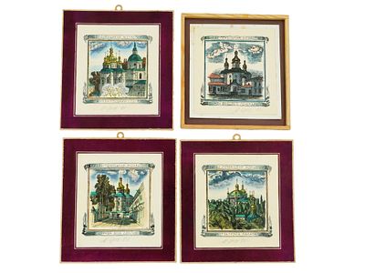 MYKOLA GROKH UKRANIAN LANDSCAPE HAND COLORED PRINTS. A lot of 4 hand-colored prints by Mykola 