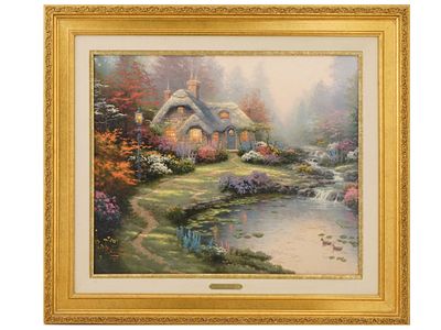THOMAS KINKADE LANDSCAPE PRINT ON CANVAS WITH COA. Offset print and oil on canvas artwork by 