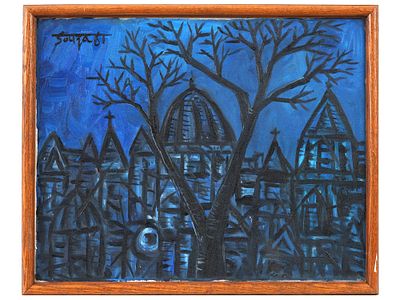 MID CENTURY INDIAN CITYSCAPE OIL PAINTING. Oil on canvas painting representing a nocturnal 