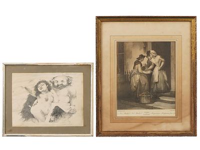 ETCHING BY CHARLES BRAGG LITHOGRAPH BY WHEATLEY. A lot of two vintage items, including an 