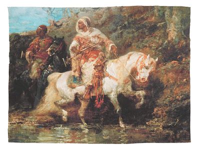 AFTER ADOLF SCHREYER ORIENTALIST PRINT ON CANVAS. Color offset print on canvas. After the 1860 