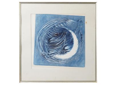 ABSTRACT BLUE MOON MONOPRINT SIGNED BY THE ARTIST. A monoprint on paper, Blue Moon, depicting an 