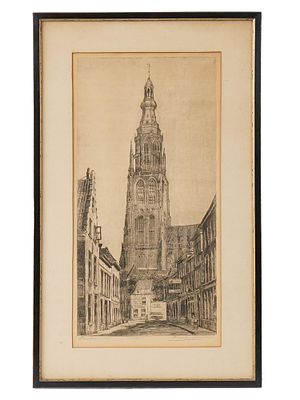 1928 DUTCH CHURCH ETCHING BY MARIUS JANSSEN SIGNED. Marius Janssen, Dutch, 1885 to 1957, an 